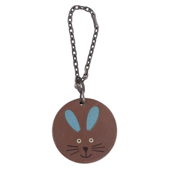 HERMES Rabbit Key Holder Leather Brown Blue Auth 196489