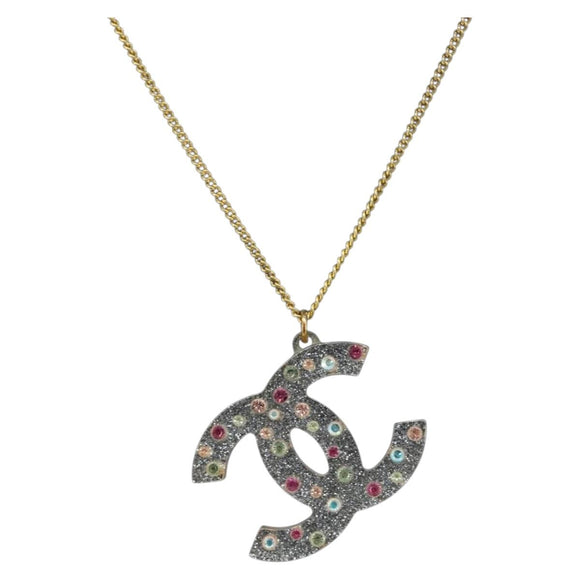 CHANEL COCO Mark Necklace Metal Clear Multicolor CC Auth 196490