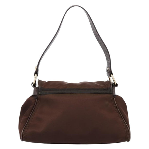 CELINE Hand Bag Nylon Brown Gold Auth 196564