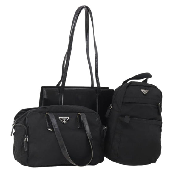 PRADA Hand Bag Nylon Leather 3 Set Black Auth 196571