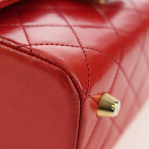 CHANEL Mademoiselle Chain Matelasse Hand Bag Lamb Skin Red Gold CC Auth 196580SV