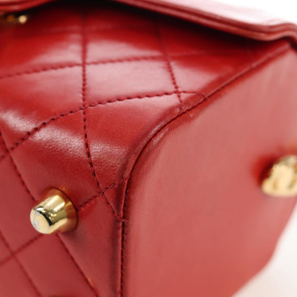 CHANEL Mademoiselle Chain Matelasse Hand Bag Lamb Skin Red Gold CC Auth 196580SV