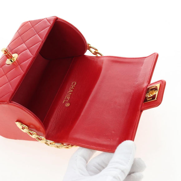 CHANEL Mademoiselle Chain Matelasse Hand Bag Lamb Skin Red Gold CC Auth 196580SV