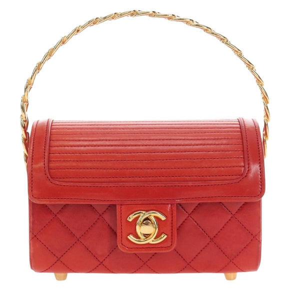 CHANEL Mademoiselle Chain Matelasse Hand Bag Lamb Skin Red Gold CC Auth 196580SV
