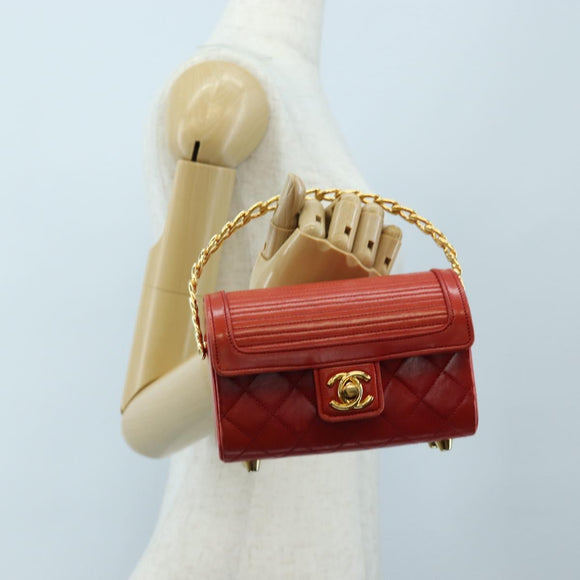 CHANEL Mademoiselle Chain Matelasse Hand Bag Lamb Skin Red Gold CC Auth 196580SV