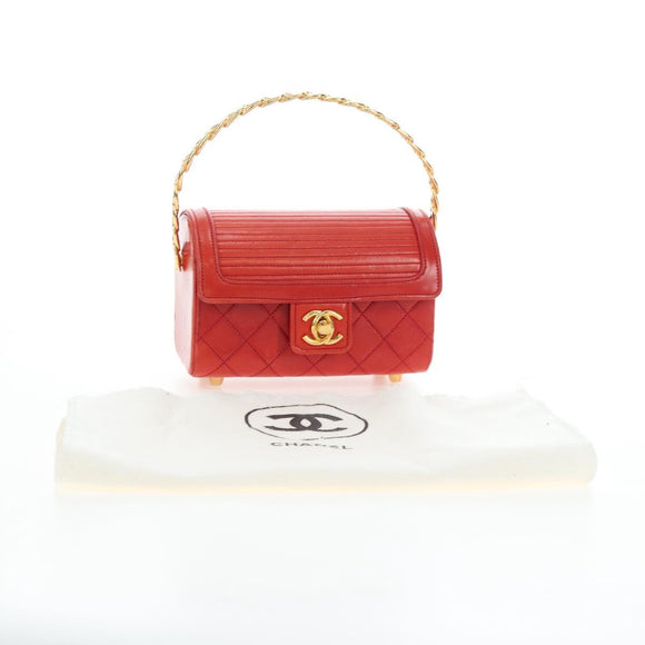 CHANEL Mademoiselle Chain Matelasse Hand Bag Lamb Skin Red Gold CC Auth 196580SV