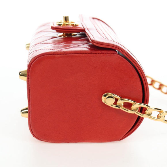 CHANEL Mademoiselle Chain Matelasse Hand Bag Lamb Skin Red Gold CC Auth 196580SV