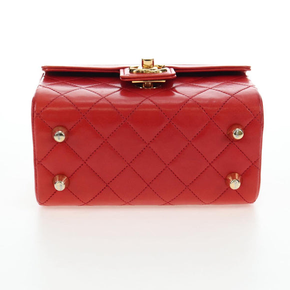 CHANEL Mademoiselle Chain Matelasse Hand Bag Lamb Skin Red Gold CC Auth 196580SV
