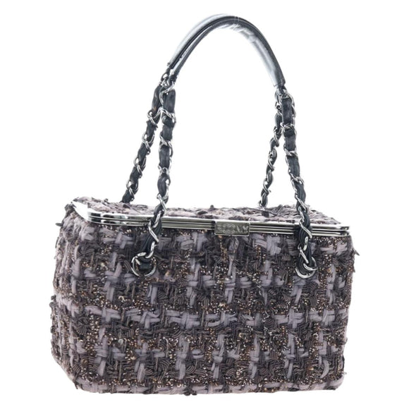 CHANEL Paris New York Line Chain Vanity Bag Tweed Gray Silver CC Auth 196581M