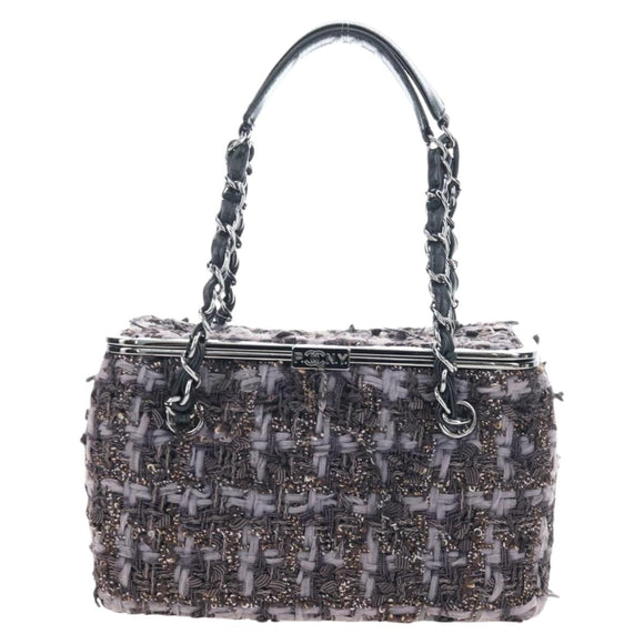 CHANEL Paris New York Line Chain Vanity Bag Tweed Gray Silver CC Auth 196581M
