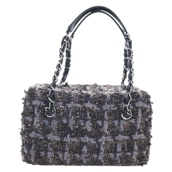 CHANEL Paris New York Line Chain Vanity Bag Tweed Gray Silver CC Auth 196581M