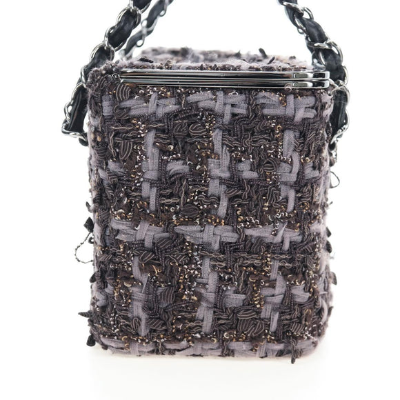 CHANEL Paris New York Line Chain Vanity Bag Tweed Gray Silver CC Auth 196581M