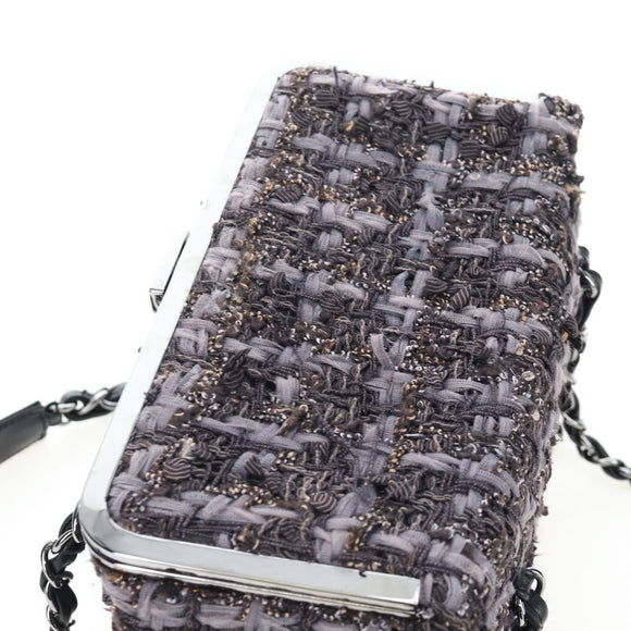CHANEL Paris New York Line Chain Vanity Bag Tweed Gray Silver CC Auth 196581M