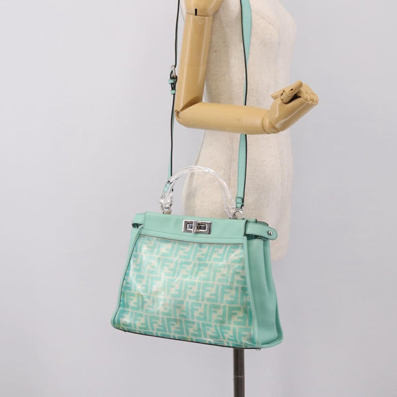 FENDI Zucca Canvas Peek A Boo Regular Bag Leather 2way Green Silver Auth 196588A