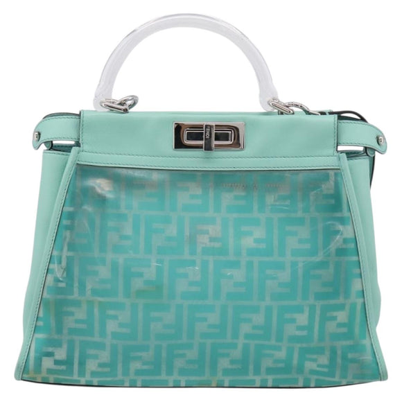 FENDI Zucca Canvas Peek A Boo Regular Bag Leather 2way Green Silver Auth 196588A