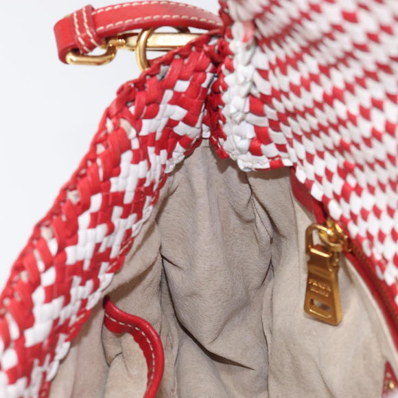 PRADA Shoulder Bag Leather White Red Auth 196589A