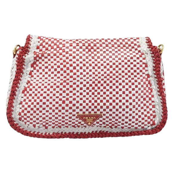 PRADA Shoulder Bag Leather White Red Auth 196589A