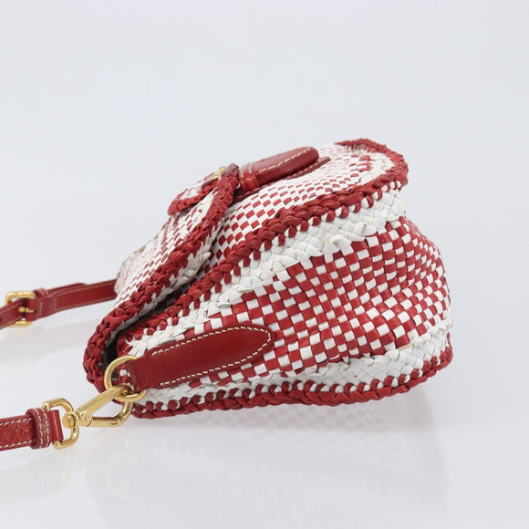 PRADA Shoulder Bag Leather White Red Auth 196589A
