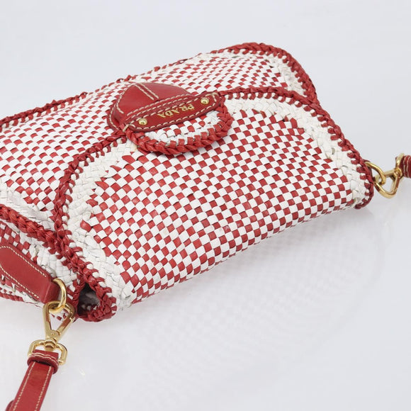 PRADA Shoulder Bag Leather White Red Auth 196589A