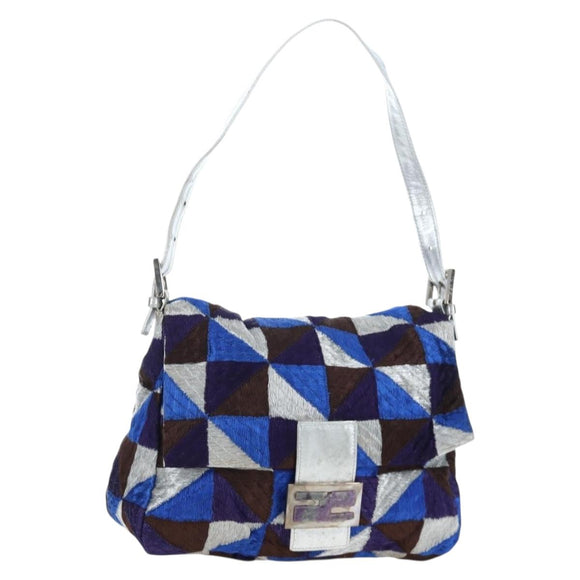 FENDI Mamma Baguette Shoulder Bag Canvas Blue Silver Auth 196591V