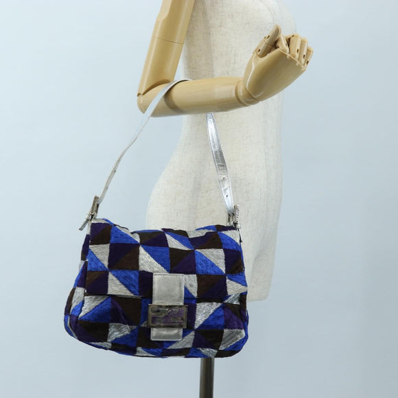 FENDI Mamma Baguette Shoulder Bag Canvas Blue Silver Auth 196591V