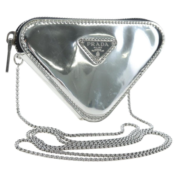 PRADA Chain Shoulder Bag Patent leather Silver Auth 196592M
