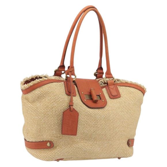 BURBERRY Blue Label Tote Bag Straw Leather Beige Gold Auth 196608