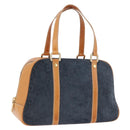 CELINE C Macadam Canvas Hand Bag Suede Navy Gold Auth 196609-1