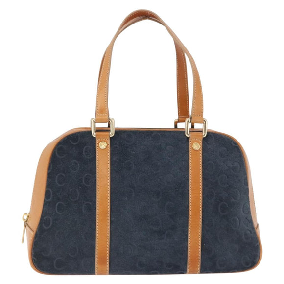 CELINE C Macadam Canvas Hand Bag Suede Navy Gold Auth 196609