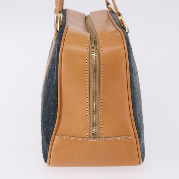 CELINE C Macadam Canvas Hand Bag Suede Navy Gold Auth 196609