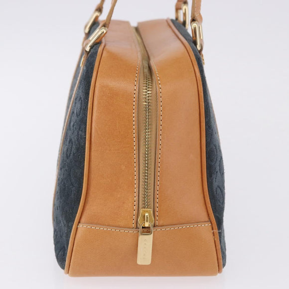 CELINE C Macadam Canvas Hand Bag Suede Navy Gold Auth 196609