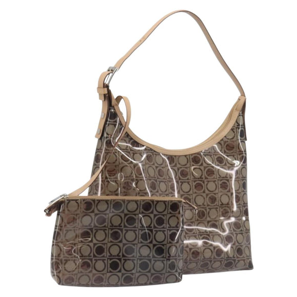 Salvatore Ferragamo Shoulder Bag Vinyl Beige Silver Auth 196611A