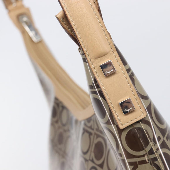 Salvatore Ferragamo Shoulder Bag Vinyl Beige Silver Auth 196611A