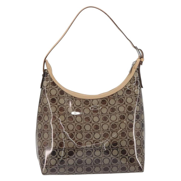 Salvatore Ferragamo Shoulder Bag Vinyl Beige Silver Auth 196611A