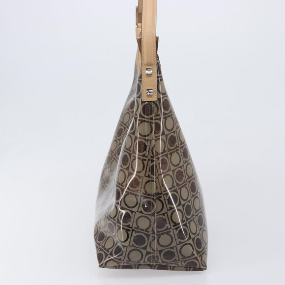 Salvatore Ferragamo Shoulder Bag Vinyl Beige Silver Auth 196611A