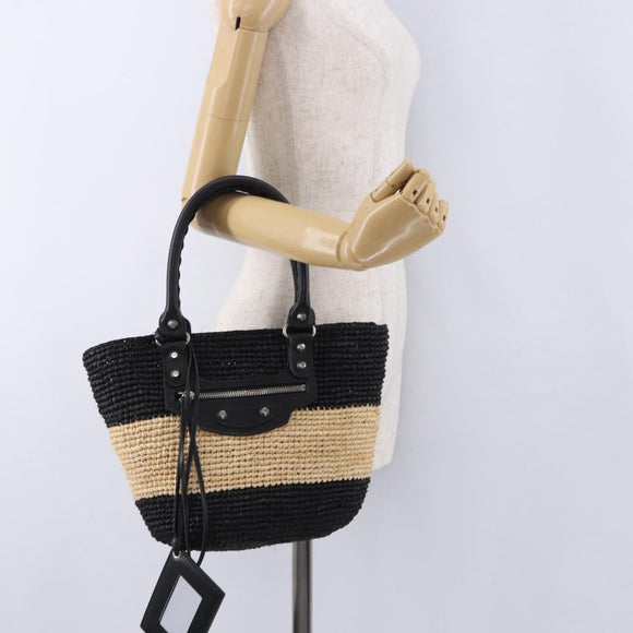 BALENCIAGA Pannier XS Hand Bag Raffia Black Silver 466498 Auth 196622A