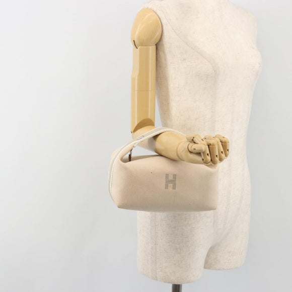 HERMES Brid A Black Hand Bag Canvas Leather Beige Silver Auth 196626M