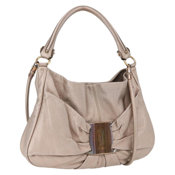 Salvatore Ferragamo Vala Hand Bag Leather 2way Champagne Gold Auth 196633A
