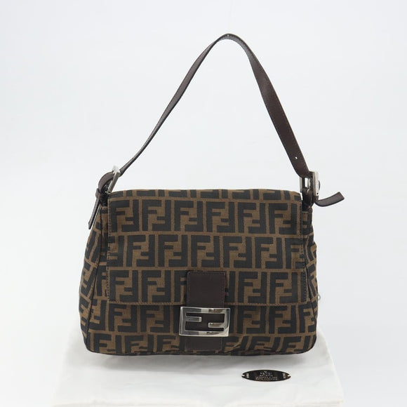 FENDI Zucca Canvas Mamma Baguette Shoulder Bag Brown Black Auth 196636M