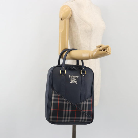 Burberrys Nova Check Hand Bag Leather Canvas Navy Gold Auth 196639