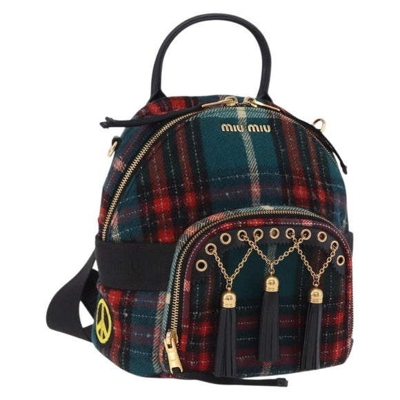 Miu Miu Backpack Wool Leather Red Green Gold Auth 196641M