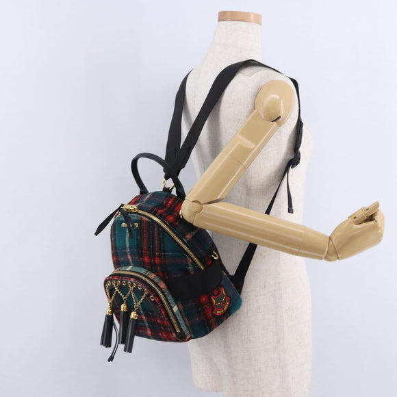 Miu Miu Backpack Wool Leather Red Green Gold Auth 196641M