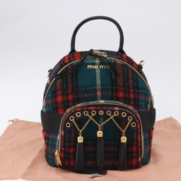 Miu Miu Backpack Wool Leather Red Green Gold Auth 196641M