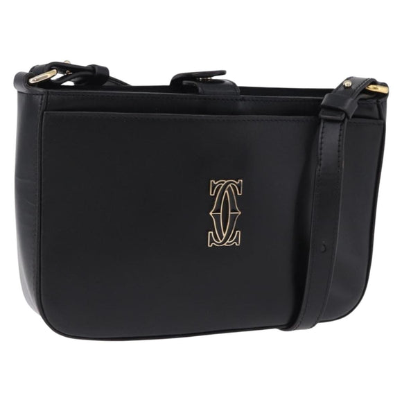 CARTIER C de Cartier Shoulder Bag Leather Black Gold Auth 196644V