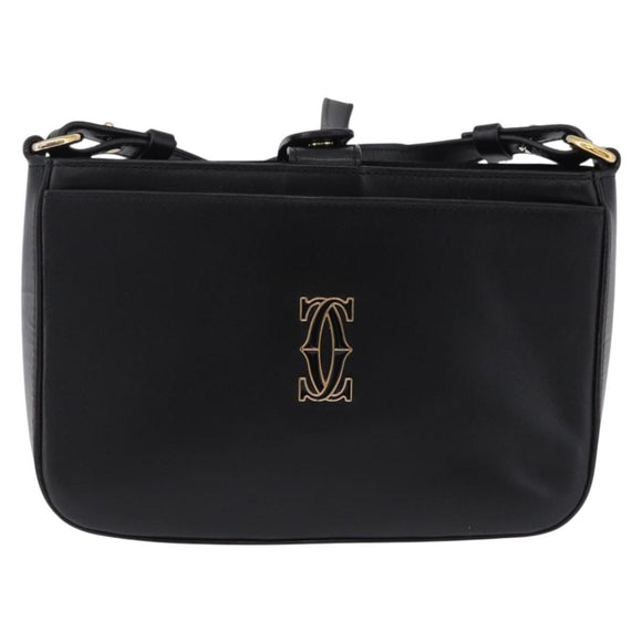 CARTIER C de Cartier Shoulder Bag Leather Black Gold Auth 196644V