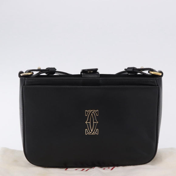 CARTIER C de Cartier Shoulder Bag Leather Black Gold Auth 196644V
