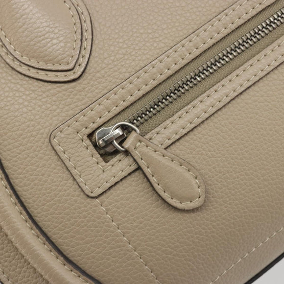 CELINE Luggage Micro Shopper Hand Bag Leather Beige Silver Auth 196658V
