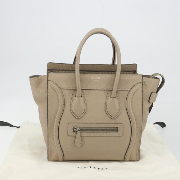 CELINE Luggage Micro Shopper Hand Bag Leather Beige Silver Auth 196658V