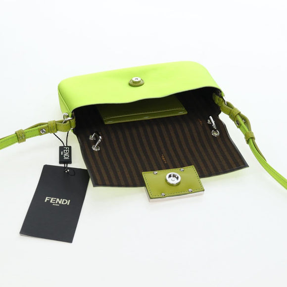 FENDI Phone Pouch Mamma Baguette Pouch Satin Green Silver Auth 196659M