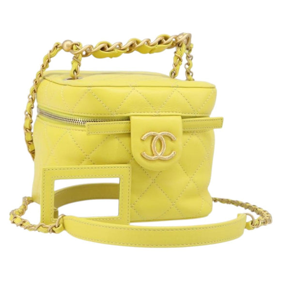CHANEL Matelasse Chain Vanity Bag Lamb Skin 2way Yellow Gold CC Auth 196667M